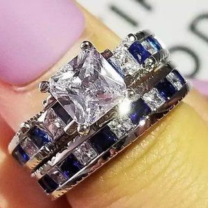 NEW 925 Sterling Silver Princess Cut Sapphire Ring